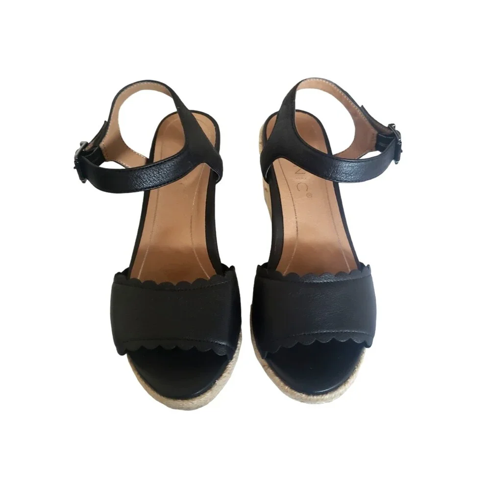 Vionic Stephany Black Leather Espadrille Wedges Women's Size 5